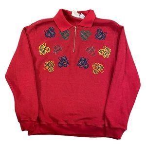 vintage 90s red fall leaves embroidered quarter zip oversized sweatshirt sweater